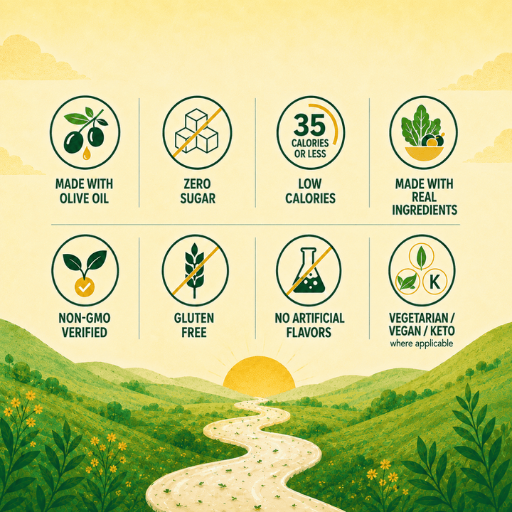 Walden Farms Product Highlights infographic showcasing better-for-you benefits including made with olive oil, zero sugar, less than 40 calories, made with real ingredients, Non-GMO verified, gluten free, no artificial flavors, and vegetarian, vegan, and keto options where applicable.