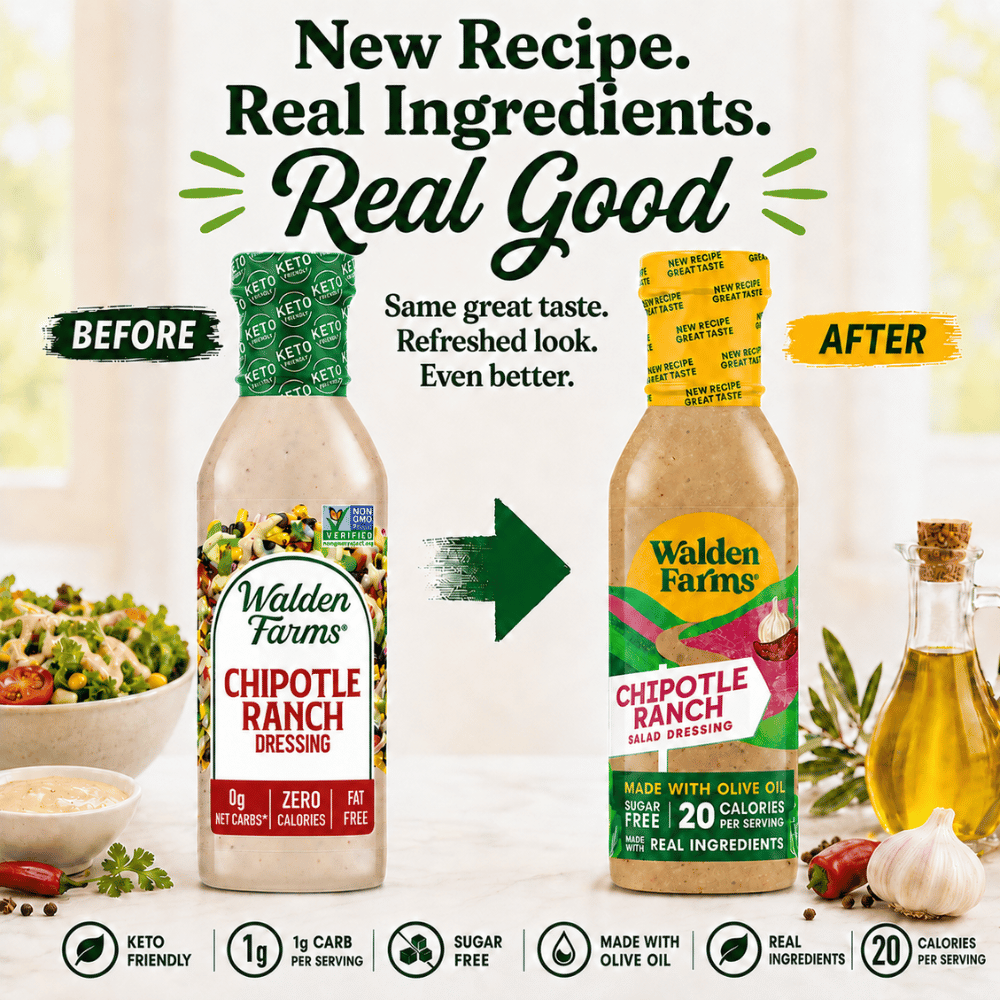Comparison chart of Walden Farms Chipotle Ranch old and new bottles. New Recipe. Real Ingredients. Real Good. Same great taste. refreshed look. even better. Keto Friendly. 1g CARB per serving. Sugar Free. Made with olive oil. Real ingredients. 20 Calories per serving.