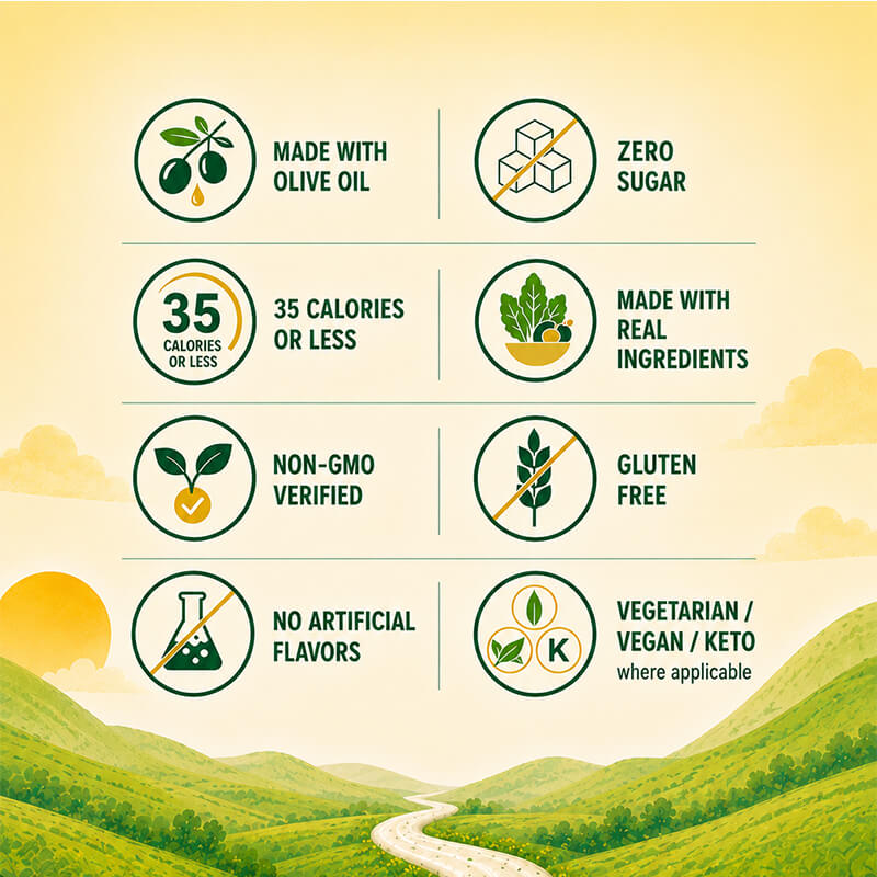 A digital infographic with green icons and text detailing product benefits, set against a warm yellow background with a green rolling hill landscape at the bottom. MADE WITH OLIVE OIL. ZERO SUGAR. 35 CALORIES OR LESS. MADE WITH REAL INGREDIENTS. NON-GMO VERIFIED. GLUTEN FREE. NO ARTIFICIAL FLAVORS. VEGETARIAN/VEGAN/KETO WHERE APPLICABLE.
