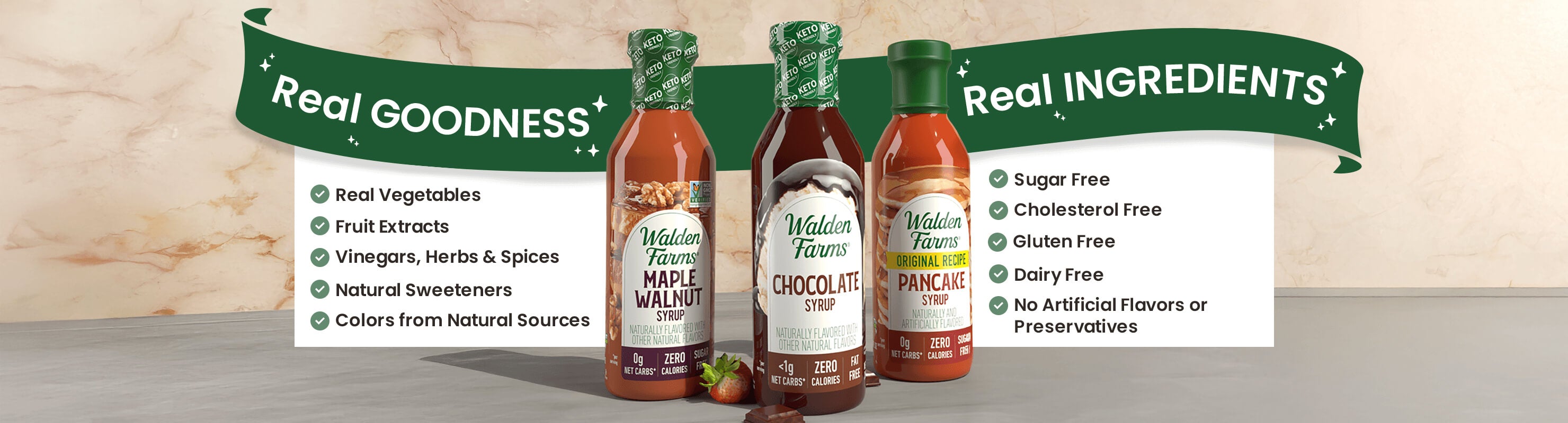 Real Goodness, Real ingredients. Vinegars herbs and spices, real vegetables, fruit extracts, natural sweeteners, colors from natural sources, sugar free, cholesterol free, gluten free, dairy free, no artificial flavors or preservatives