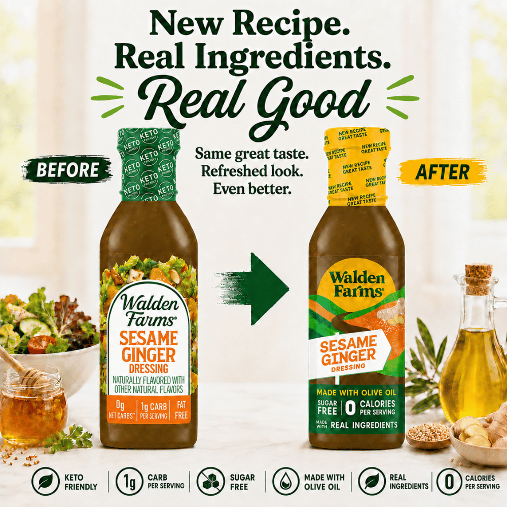 Walden Farms Sesame Ginger Dressing advertisement showing two bottles labeled BEFORE and AFTER with marketing text, a green arrow, and ingredient icons on a bright kitchen-style background.