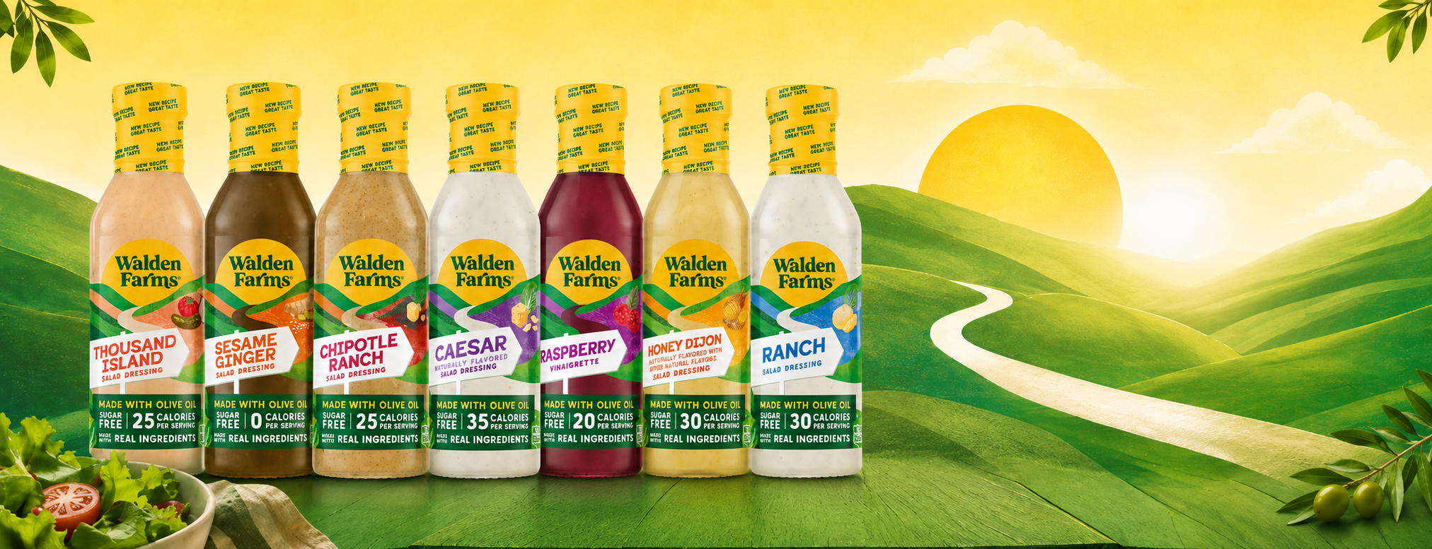 Seven Walden Farms salad dressings and vinaigrettes displayed in a scenic countryside landscape