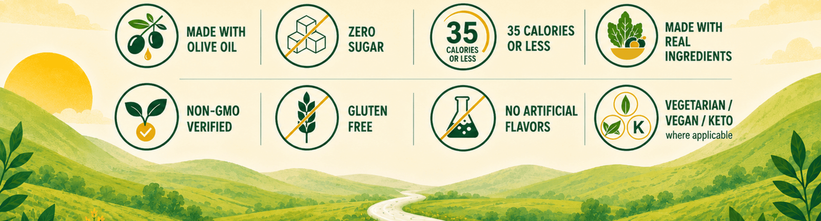 A stylized landscape graphic with rolling green hills, a winding pale path, and a row of circular icons with text about product benefits: made with olive oil, zero sugar, 35 calories or less, made with real ingredients, non-GMO verified, gluten free, no artificial flavors, and vegetarian/vegan/keto where applicable.