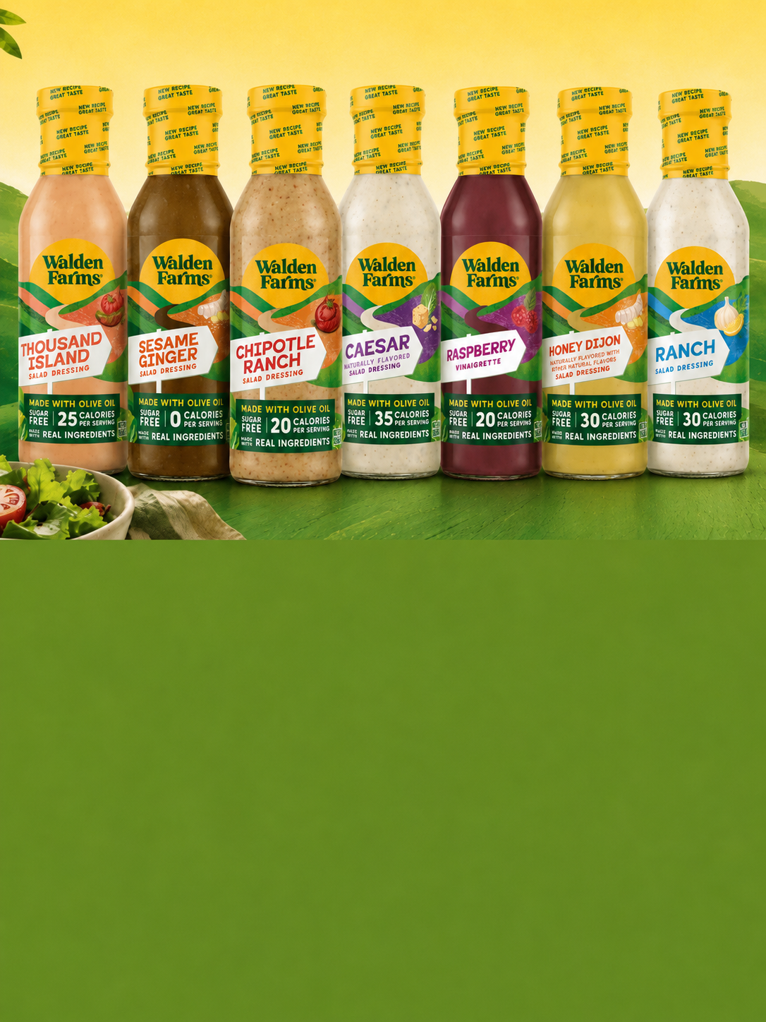 Seven Walden Farms salad dressings and vinaigrettes displayed in a scenic countryside landscape