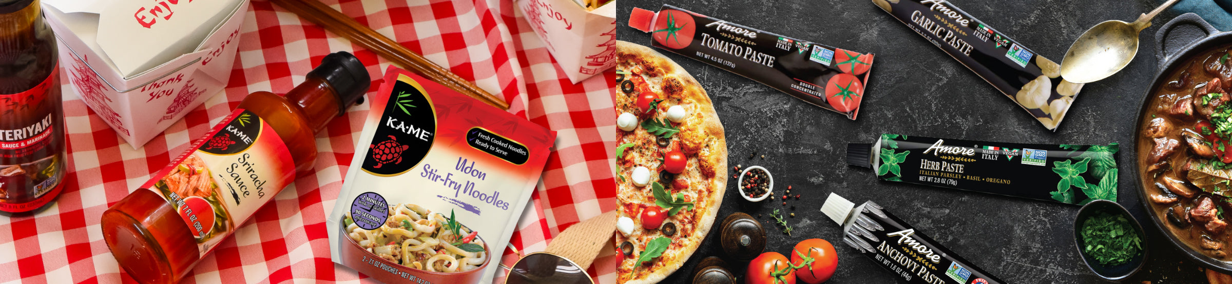 KAME and Amore products on a wooden table