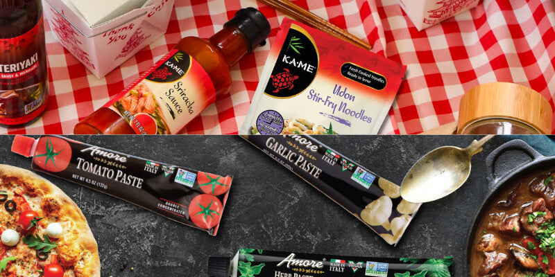 KAME and Amore products on a wooden table