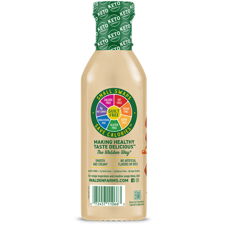 A bottle of Walden Farms Keto Salad Dressing shown from the back, featuring a beige liquid inside, a green cap with white 'KETO' text, and a colorful circular label on the back.