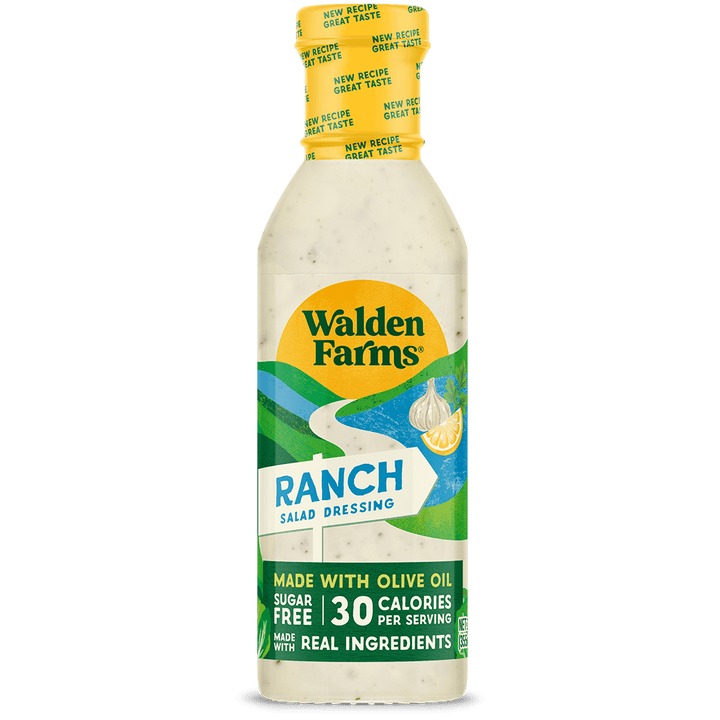 Walden Farms Ranch Salad Dressing made with olive oil, sugar free, 30 calories per serving, front view bottle