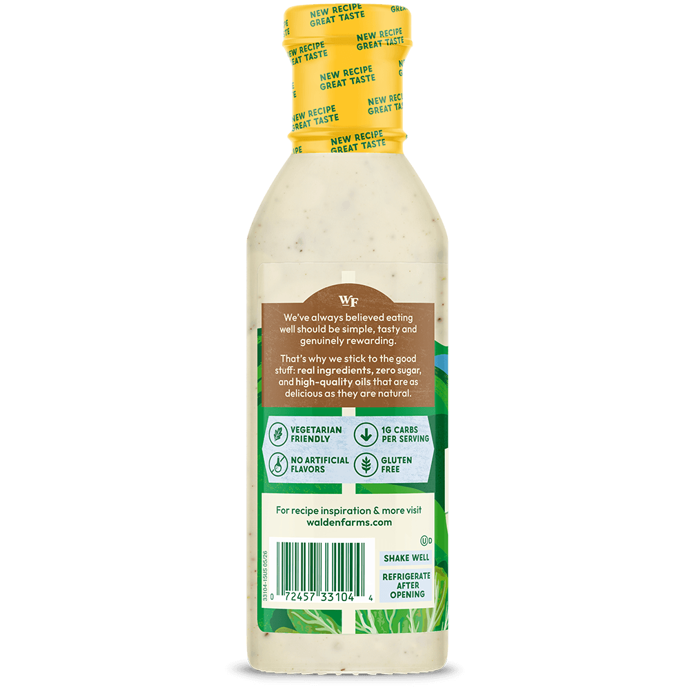 Back label of Walden Farms Ranch Salad Dressing showing product benefits, barcode, and storage instructions