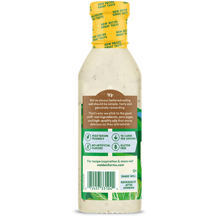 Back label of Walden Farms Ranch Salad Dressing showing product benefits, barcode, and storage instructions