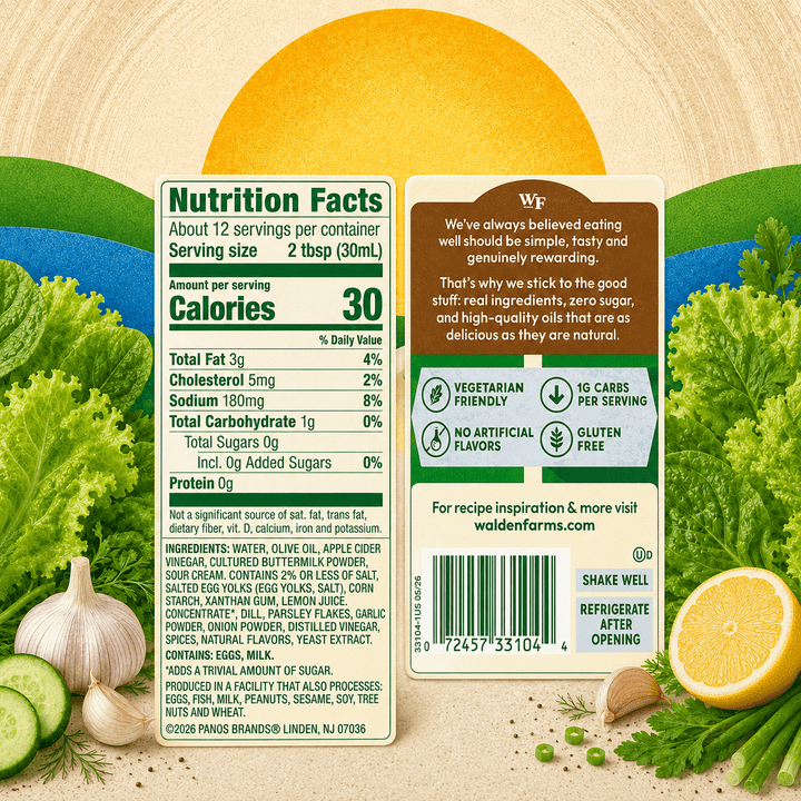 Back label of Walden Farms Ranch Salad Dressing showing Nutrition Facts, ingredients, barcode, and product benefits with garlic, cucumber, herbs, and lettuce.