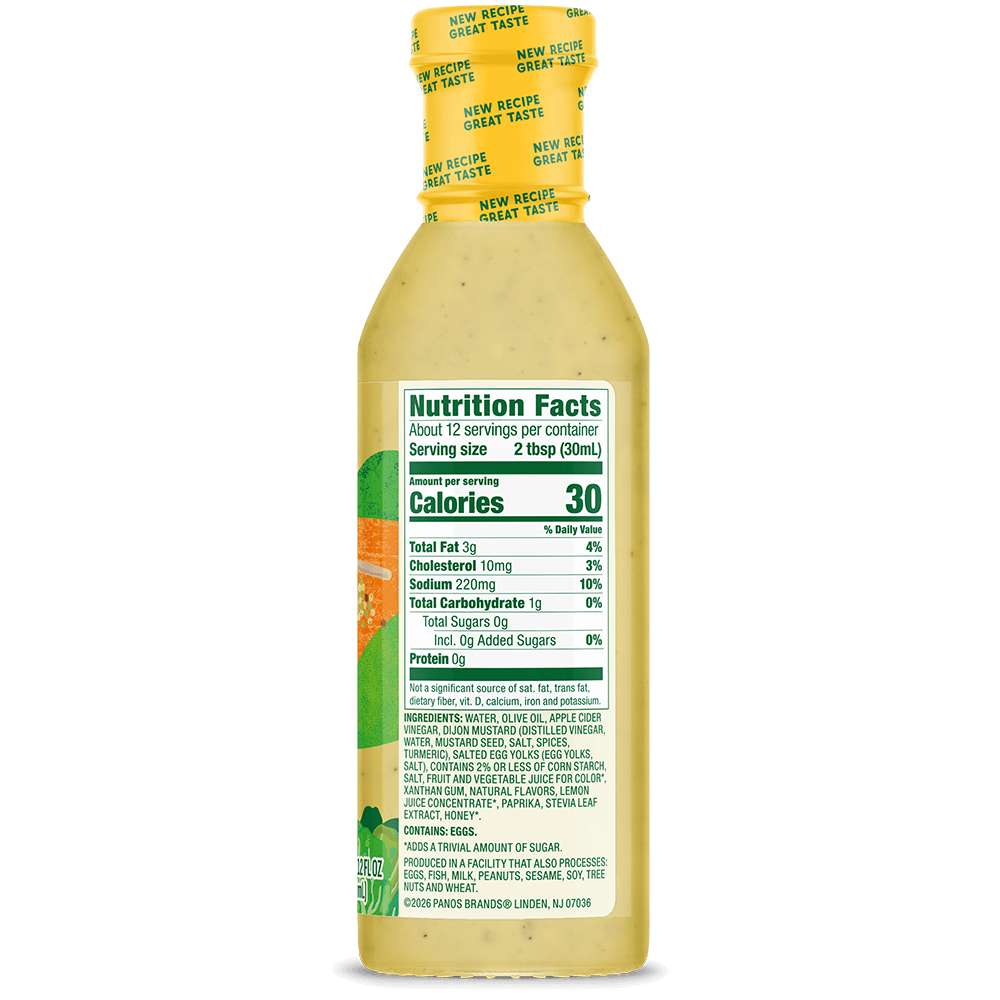 Walden Farms Honey Dijon Salad Dressing bottle back with nutrition facts, ingredients, and serving information