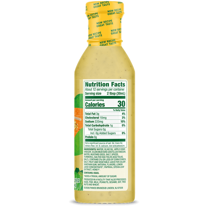 Walden Farms Honey Dijon Salad Dressing bottle back with nutrition facts, ingredients, and serving information