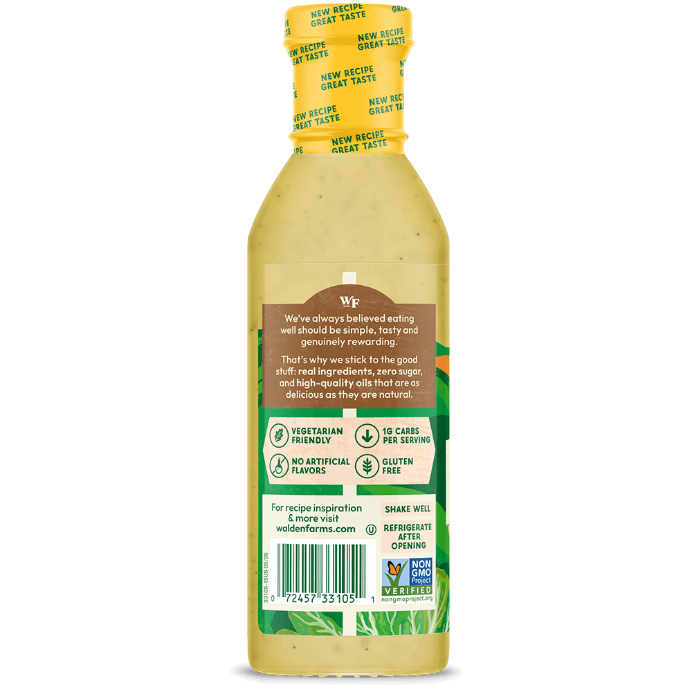 Back view of a bottle of Waterworks Organic Sweet and Sour Salad Dressing, showing the label, barcode, and a yellow cap on a solid black background.
