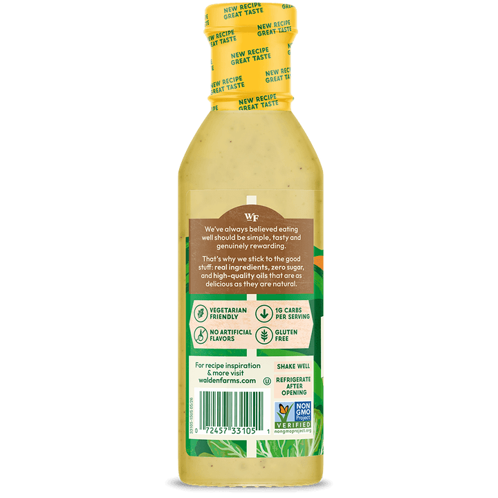 Back view of a bottle of Waterworks Organic Sweet and Sour Salad Dressing, showing the label, barcode, and a yellow cap on a solid black background.