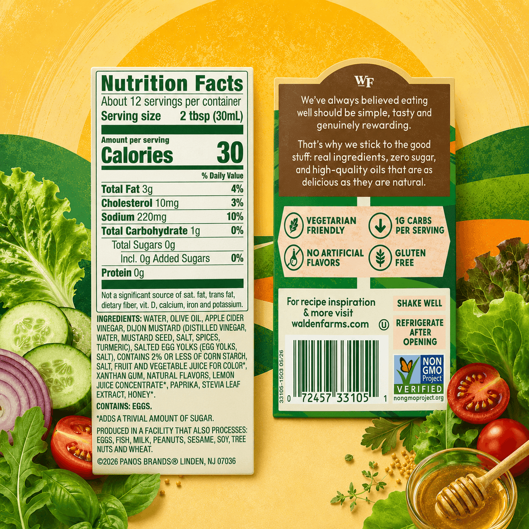 Back label of Walden Farms Honey Dijon Salad Dressing showing Nutrition Facts, ingredients, barcode, and product information with honey, mustard, and fresh vegetables.