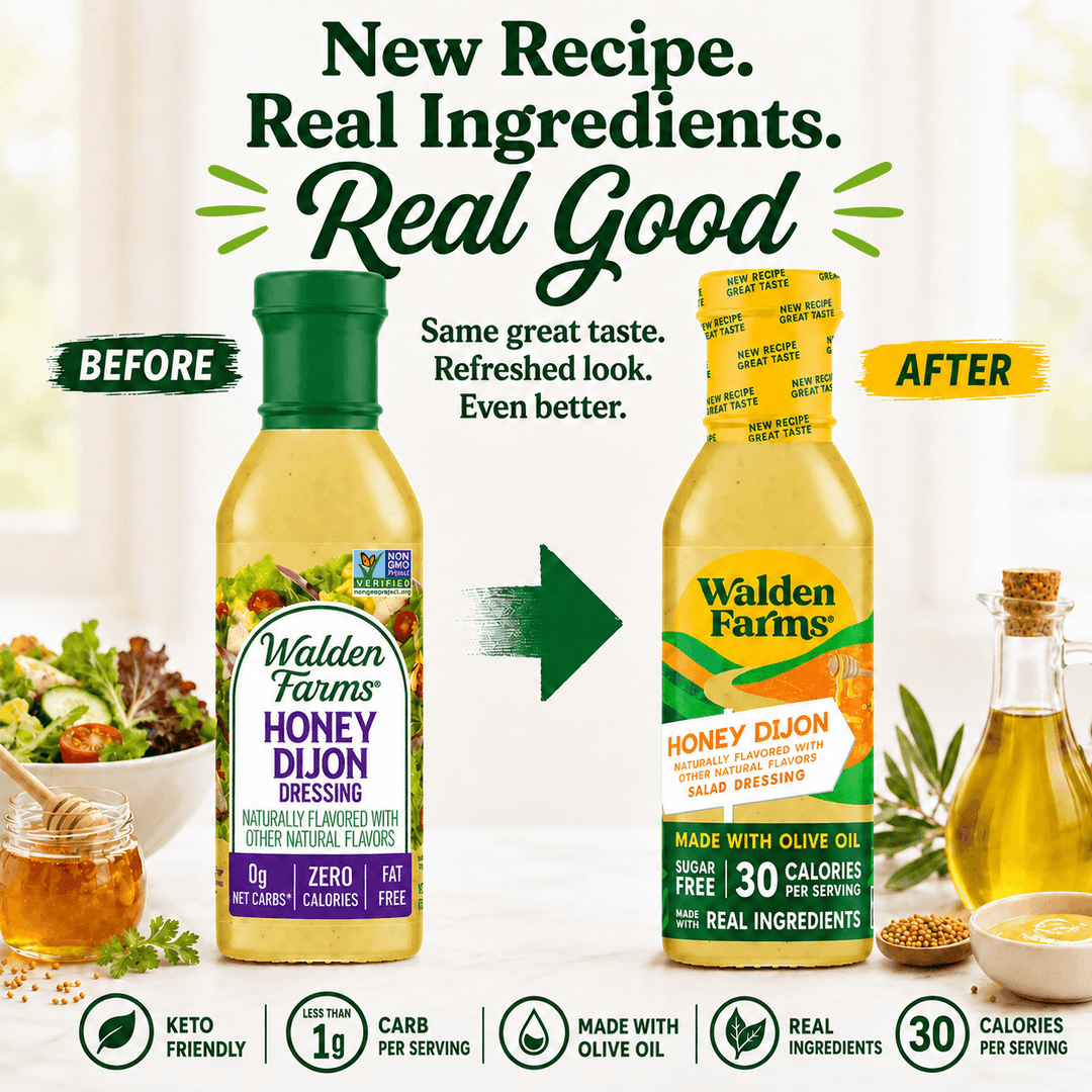Comparison of old and new Walden Farms Honey Dijon Salad Dressing packaging highlighting the updated design, real ingredients, olive oil recipe, and 30 calories per serving.