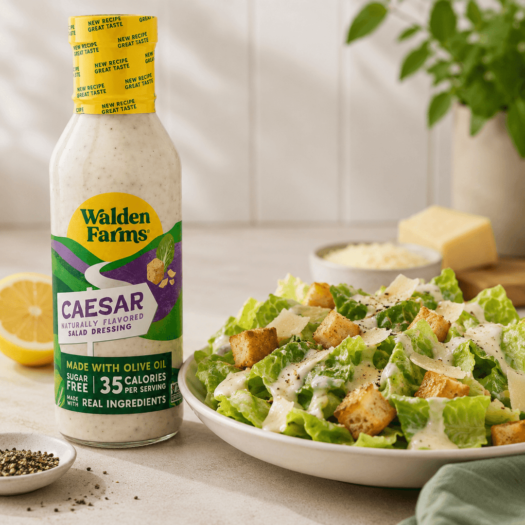 Walden Farms Caesar Salad Dressing made with olive oil beside a classic Caesar salad topped with romaine lettuce, croutons, parmesan, and creamy dressing.