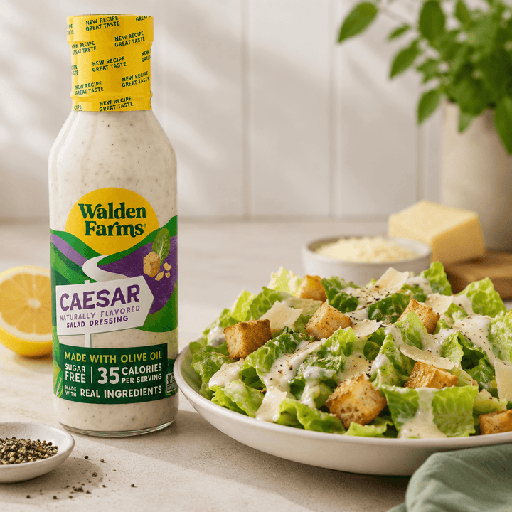 Walden Farms Caesar Salad Dressing made with olive oil beside a classic Caesar salad topped with romaine lettuce, croutons, parmesan, and creamy dressing.