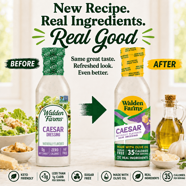 Comparison of old and new Walden Farms Caesar Salad Dressing packaging featuring refreshed branding, real ingredients, olive oil recipe, and 35 calories per serving.