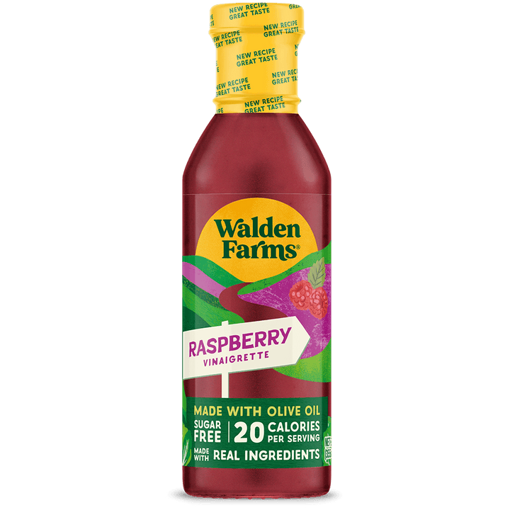 Walden Farms Raspberry Vinaigrette made with olive oil, sugar free, 20 calories per serving, front view bottle