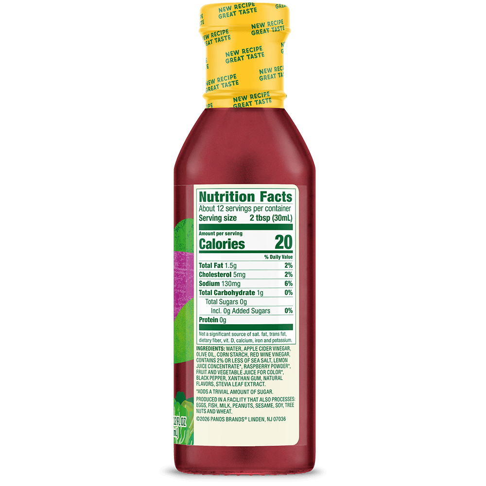 Walden Farms Raspberry Vinaigrette bottle back with nutrition facts, ingredients, and serving information