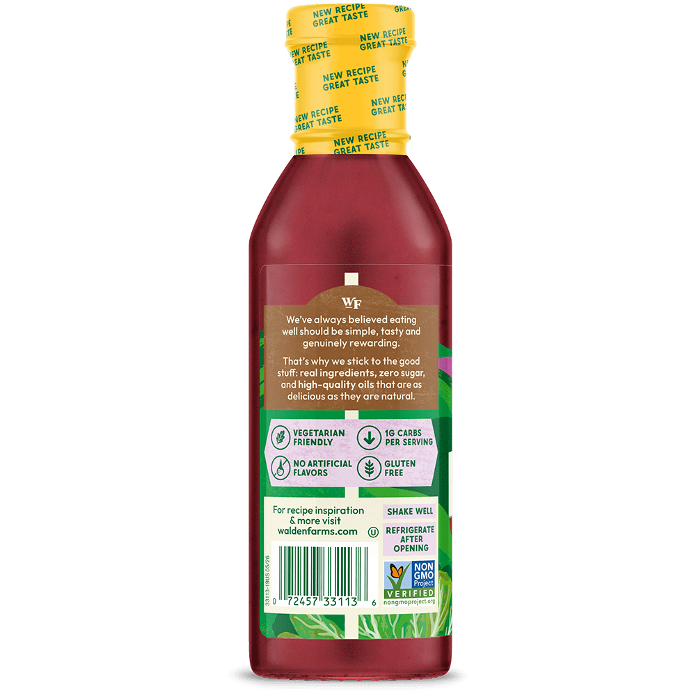 Back label of Walden Farms Raspberry Vinaigrette showing product benefits, barcode, and storage instructions