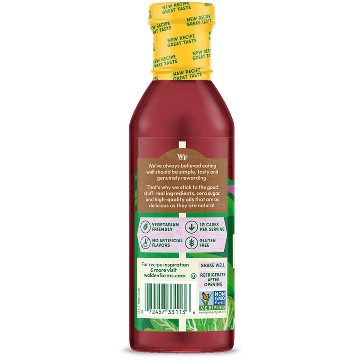 Back label of Walden Farms Raspberry Vinaigrette showing product benefits, barcode, and storage instructions