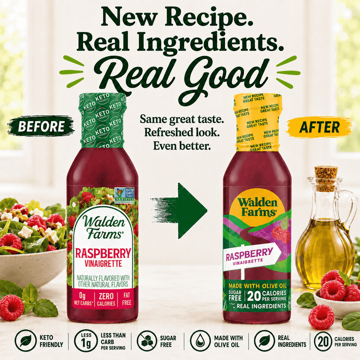 Comparison of old and new Walden Farms Raspberry Vinaigrette packaging highlighting refreshed branding, real ingredients, olive oil recipe, and 20 calories per serving.