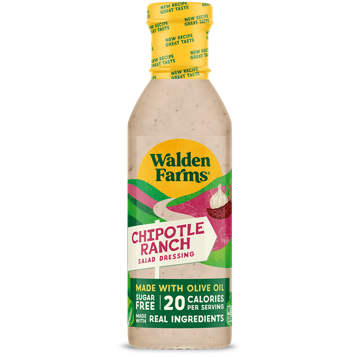 A bottle of Walden Farms Chipotle Ranch Salad Dressing on a solid black background. The bottle is filled with a light beige dressing and features a colorful label with green, pink, and white graphics, along with a yellow cap.