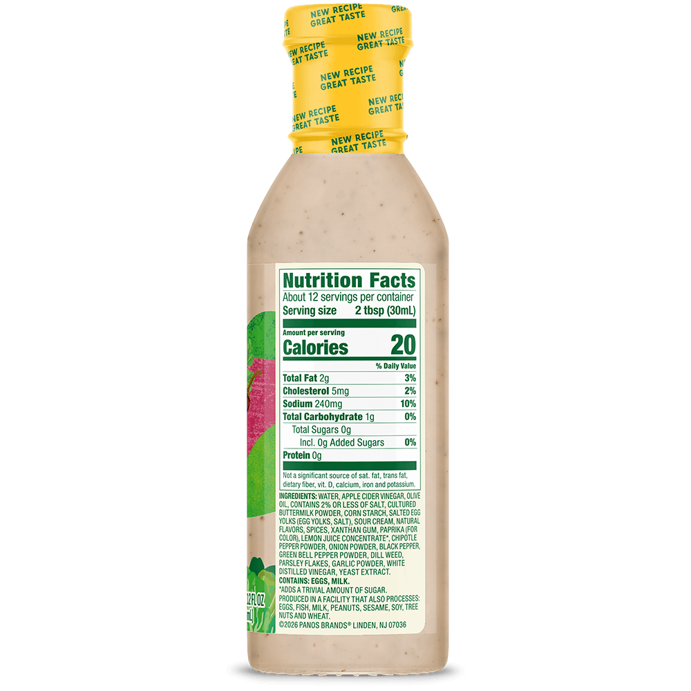 Walden Farms Chipotle Ranch Salad Dressing bottle back with nutrition facts, ingredients, and serving information