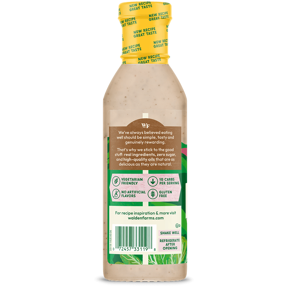 Back label of Walden Farms Chipotle Ranch Salad Dressing showing product benefits, barcode, and storage instructions