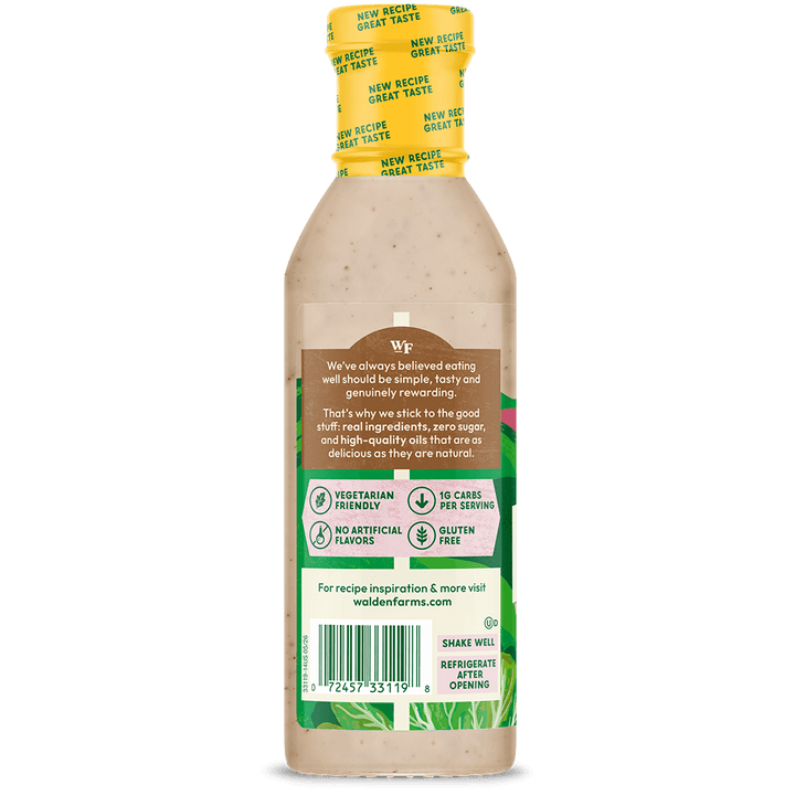 Back label of Walden Farms Chipotle Ranch Salad Dressing showing product benefits, barcode, and storage instructions