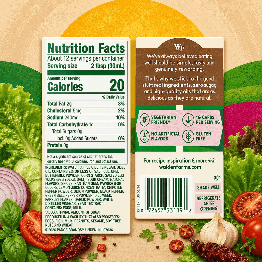 Back label of Walden Farms Chipotle Ranch Salad Dressing showing Nutrition Facts, ingredients, barcode, and product benefits with peppers, garlic, tomatoes, and fresh greens.