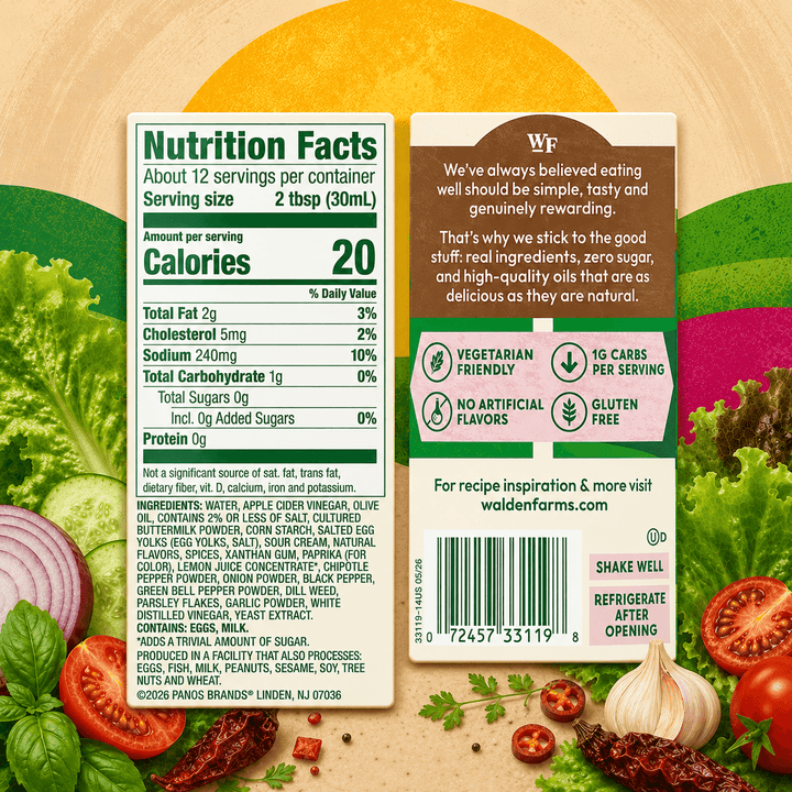 Back label of Walden Farms Chipotle Ranch Salad Dressing showing Nutrition Facts, ingredients, barcode, and product benefits with peppers, garlic, tomatoes, and fresh greens.