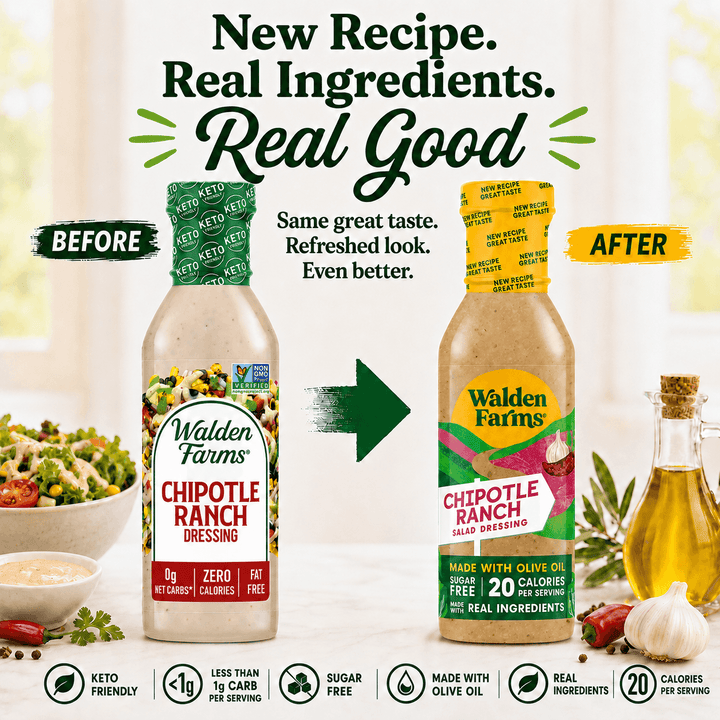 Comparison of old and new Walden Farms Chipotle Ranch Salad Dressing packaging featuring refreshed branding, real ingredients, olive oil recipe, and 20 calories per serving.