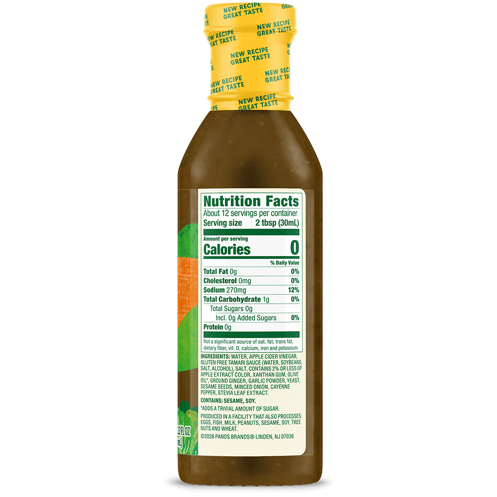 Walden Farms Sesame Ginger Salad Dressing bottle back with nutrition facts, ingredients, and serving information