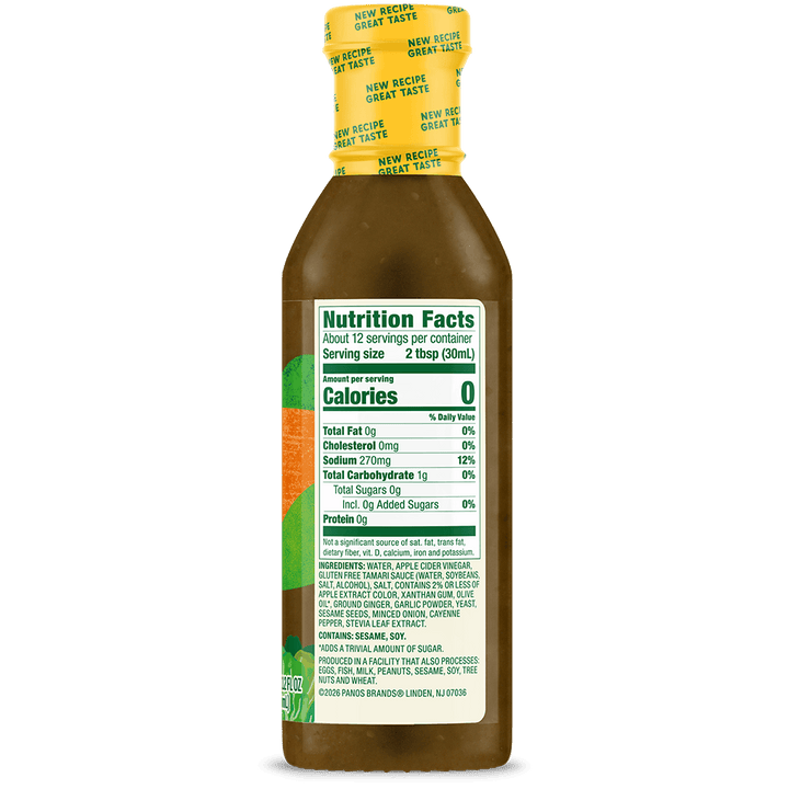 Walden Farms Sesame Ginger Salad Dressing bottle back with nutrition facts, ingredients, and serving information