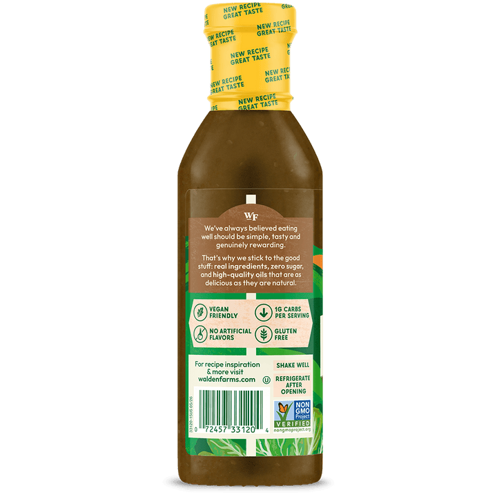 The back of a bottle of Wefood dressing, showing the label, barcode, and a yellow cap, isolated on a solid black background.
