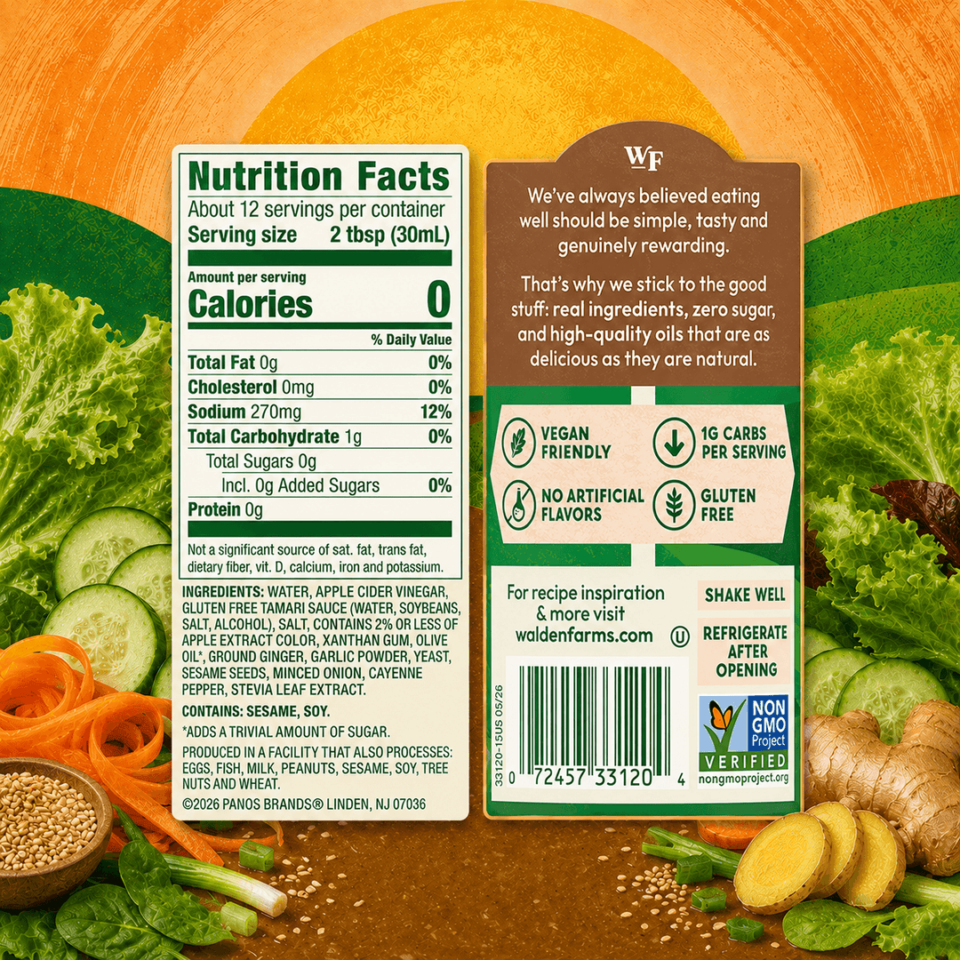 Back label of Walden Farms Sesame Ginger Salad Dressing showing Nutrition Facts, ingredients, barcode, and product information with ginger, sesame seeds, carrots, and leafy greens.