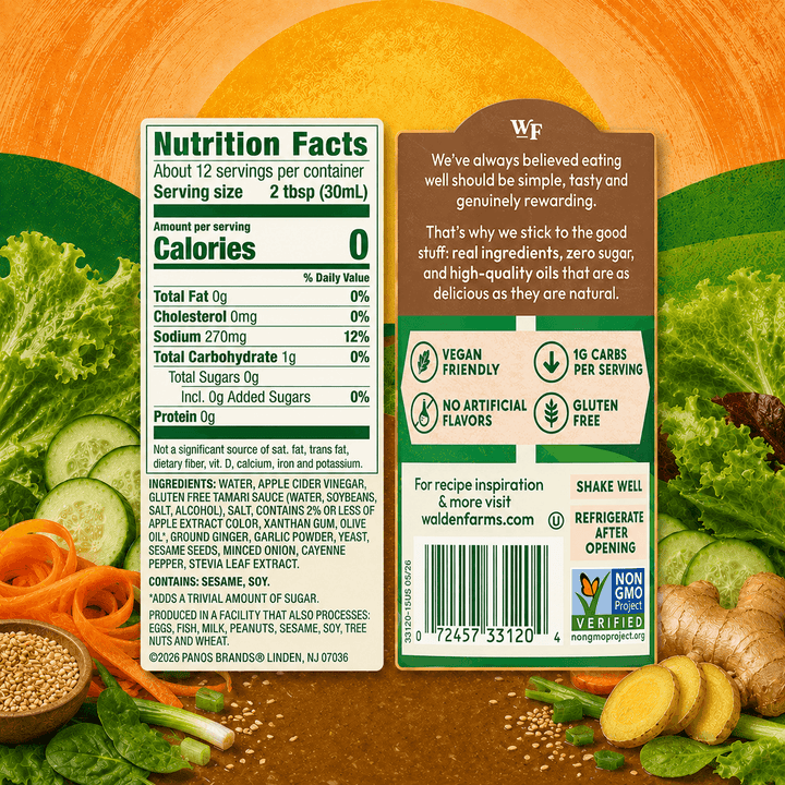 Back label of Walden Farms Sesame Ginger Salad Dressing showing Nutrition Facts, ingredients, barcode, and product information with ginger, sesame seeds, carrots, and leafy greens.