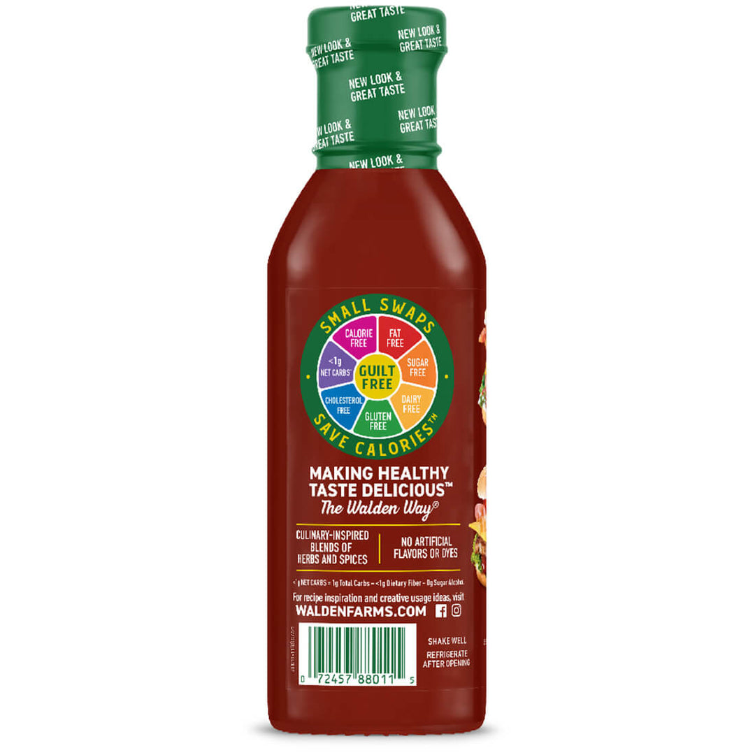 A bottle of Walden Farms Small Swatch Sweet and Sour Sauce on a plain white background. The bottle is dark red, with a green cap and a colorful circular 'Small Swatch' label on the front.
