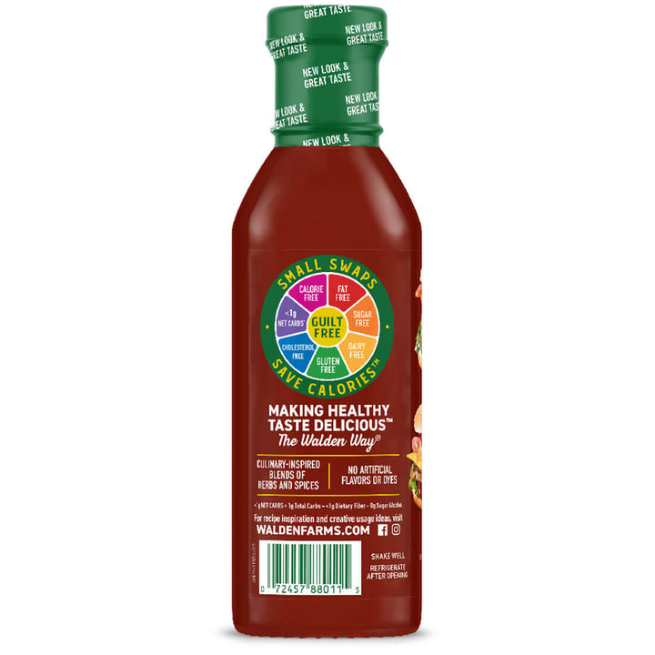 A bottle of Walden Farms Small Swatch Sweet and Sour Sauce on a plain white background. The bottle is dark red, with a green cap and a colorful circular 'Small Swatch' label on the front.