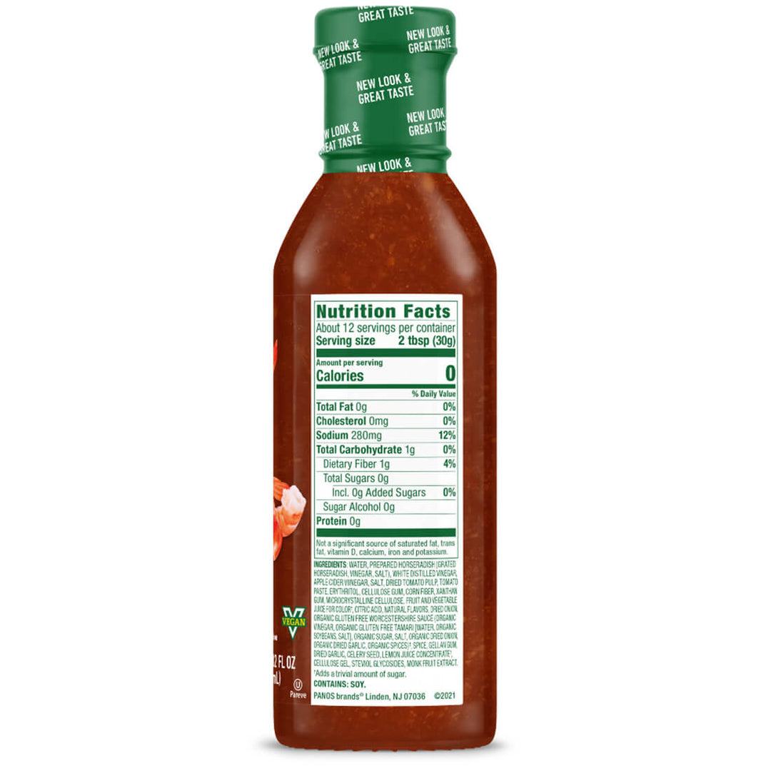 A bottle of hot sauce shown from the back, displaying the Nutrition Facts label and the green cap with 'NEW LOOK & GREAT TASTE!' text, on a white background.
