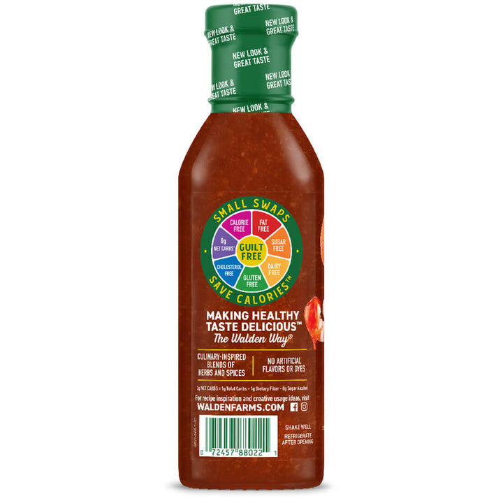 A bottle of Walden Farms Small Swadz Hot Sauce on a plain white background. The bottle is filled with reddish-brown sauce and features a green cap and a colorful circular 'Small Swadz' label on the front.
