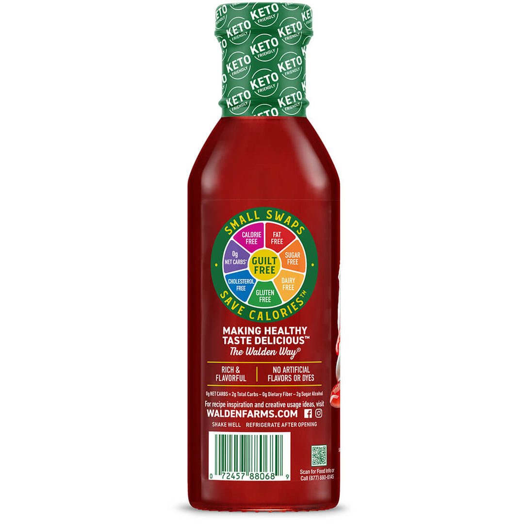 A bottle of Walden Farms Keto Sauce on a plain white background. The bottle is dark red with a green cap printed with the word 'KETO' repeatedly.